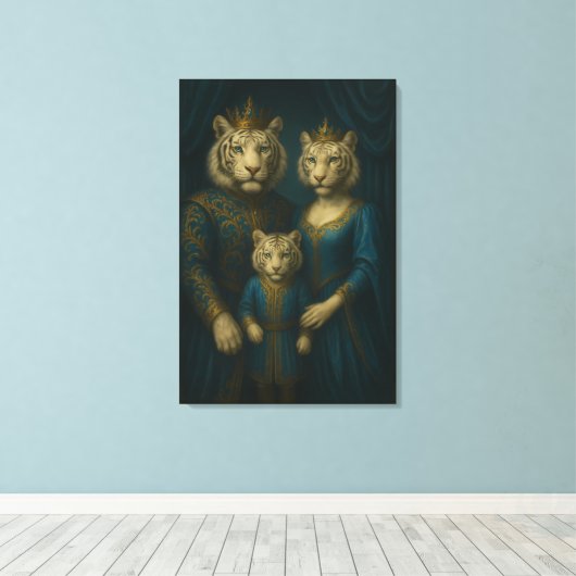 Royal White Tiger Family Portrait – Majestic Blue Canvas Afdruk (Insitu (Houten vloer))