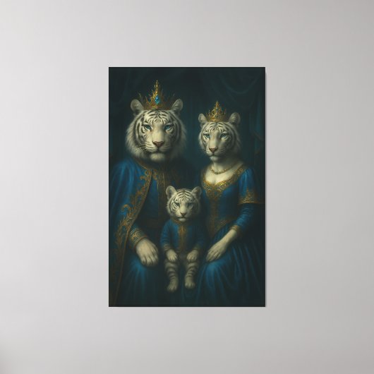 Royal White Tiger Family Portrait – Majestic Blue- Canvas Afdruk (Voorkant)