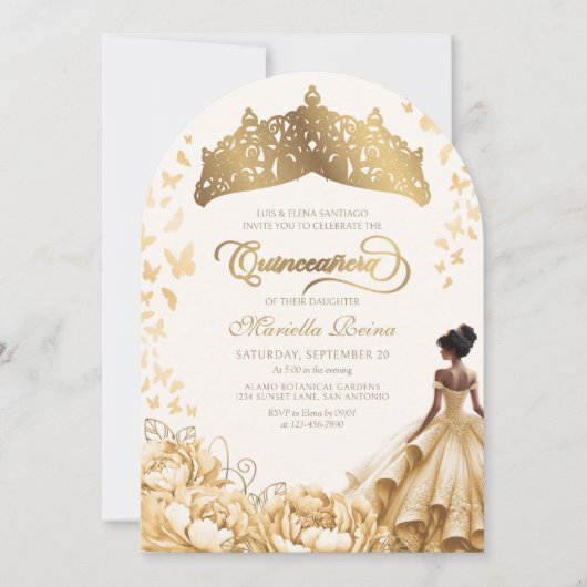 Royal Yellow Gold Crown Floral Quinceanera Kaart (Voorkant)