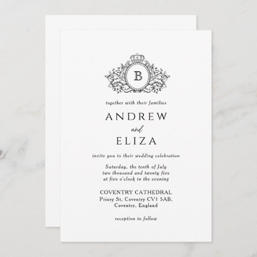 Royal, zwart en wit Crest Monogram bruiloft Kaart (Voorkant / Achterkant)