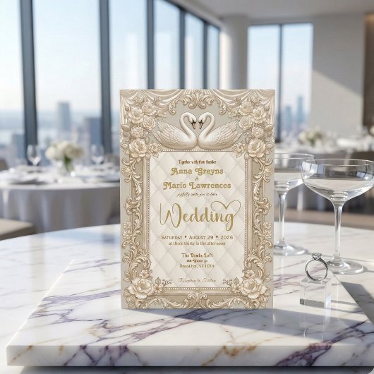 Royalcore Rococo Gold Swans Fairytale Wedding Kaart