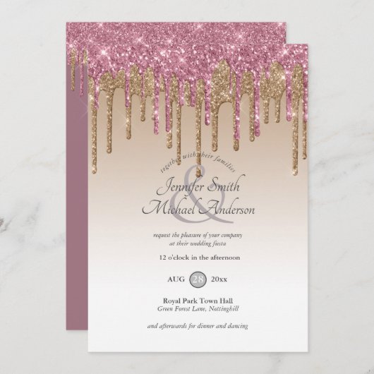 RoyalElegance PINK GOLD Driving Glitter Wedding Kaart (Voorkant / Achterkant)