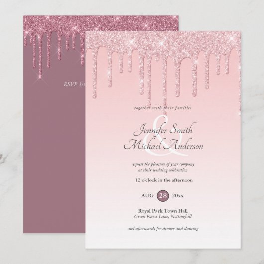 RoyalElegance PINK ROSE GOLD Glitter Drip Wedding Kaart (Voorkant / Achterkant)
