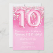 Roze 10e Verjaardag Uitnodiging Girly Pink Glitter (Voorkant)