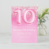 Roze 10e Verjaardag Uitnodiging Girly Pink Glitter (Staand voorkant)