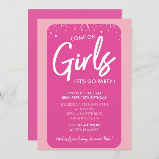 Roze 10e verjaardag uitnodigingen Trendy Girly (Voorkant / Achterkant)