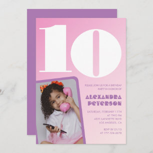 Roze 10e verjaardagsuitnodigingen Paarse Retro Fot Kaart