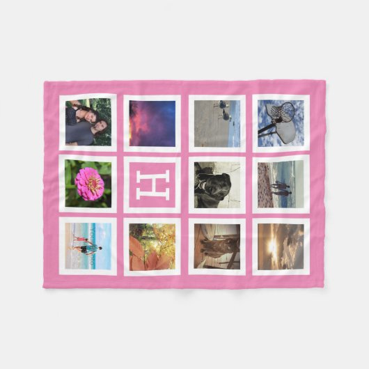 Roze 11 Foto Collage Mosaic Square Lijst Monogram Fleece Deken (Voorkant (Horizontaal))