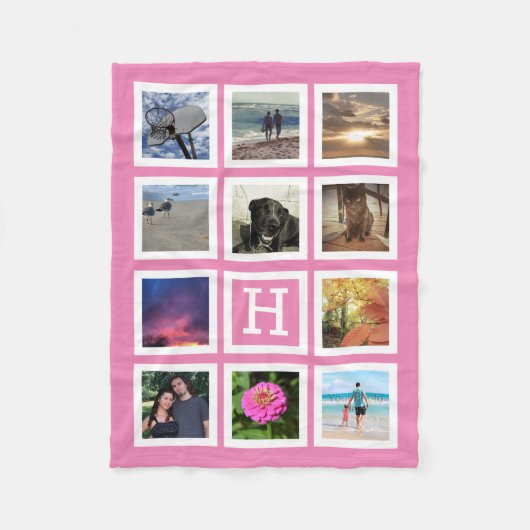 Roze 11 Foto Collage Mosaic Square Lijst Monogram Fleece Deken (Voorkant)