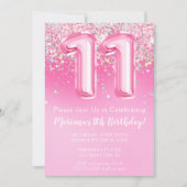 Roze 11e Verjaardag Uitnodiging Girly Pink Glitter (Voorkant)