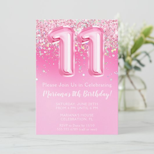 Roze 11e Verjaardag Uitnodiging Girly Pink Glitter (Staand voorkant)