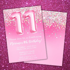 Roze 11e Verjaardag Uitnodiging Girly Pink Glitter