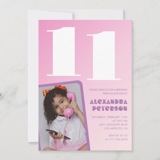 Roze 11e verjaardag uitnodigingen Meisje Retro Fot (Voorkant)