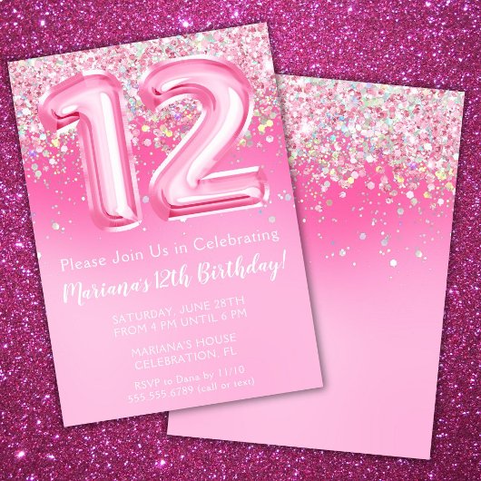 Roze 12e Verjaardag Uitnodiging Girly Pink Glitter