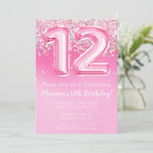 Roze 12e Verjaardag Uitnodiging Girly Pink Glitter (Staand voorkant)