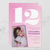 Roze 12e verjaardag uitnodigingen Meisje Retro Fot (Voorkant / Achterkant)