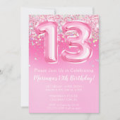 Roze 13e verjaardag uitnodiging Girly Pink Glitter (Voorkant)