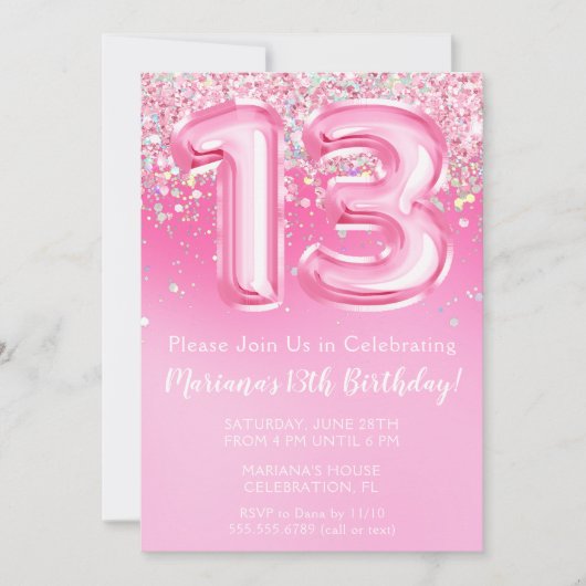 Roze 13e verjaardag uitnodiging Girly Pink Glitter (Voorkant)