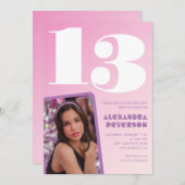Roze 13e verjaardag uitnodigingen Meisje Retro Fot (Voorkant / Achterkant)