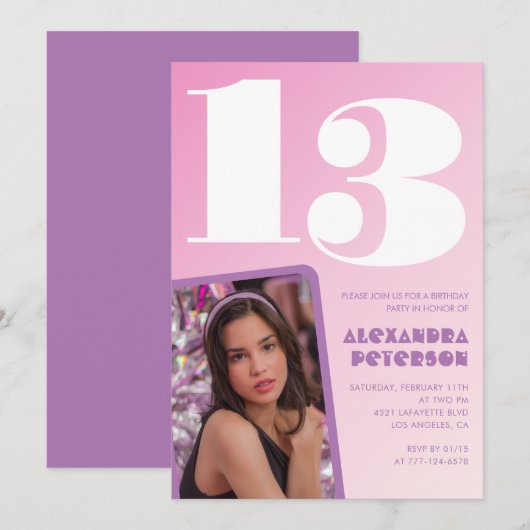 Roze 13e verjaardag uitnodigingen Meisje Retro Fot (Voorkant / Achterkant)