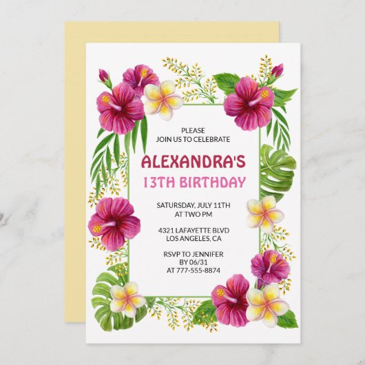 Roze 13e verjaardag uitnodigingen Tropical Party (Voorkant / Achterkant)