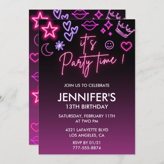 Roze 13e verjaardagsuitnodiging voor haar kinder n kaart (Voorkant / Achterkant)