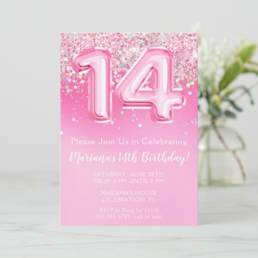 Roze 14e verjaardag uitnodiging Girly Pink Glitter (Staand voorkant)