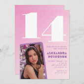 Roze 14e verjaardag uitnodigingen Meisje Retro Fot (Voorkant / Achterkant)