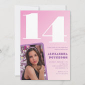 Roze 14e verjaardag uitnodigingen Meisje Retro Fot (Voorkant)