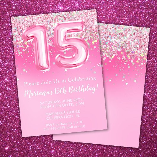 Roze 15e verjaardag uitnodiging Girly Pink Glitter