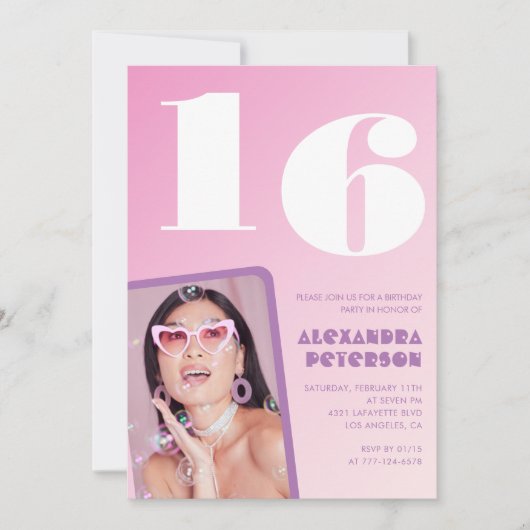 Roze 16e verjaardag uitnodigingen Retro Foto (Voorkant)