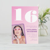Roze 16e verjaardag uitnodigingen Retro Foto (Staand voorkant)