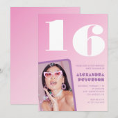 Roze 16e verjaardag uitnodigingen Retro Foto (Voorkant / Achterkant)
