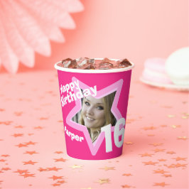 Roze 16e verjaardagsfoto, gepersonaliseerde papier papieren bekers
