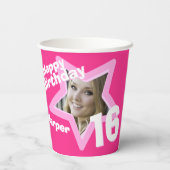 Roze 16e verjaardagsfoto, gepersonaliseerde papier papieren bekers (Achterkant)