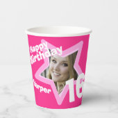 Roze 16e verjaardagsfoto, gepersonaliseerde papier papieren bekers (Voorkant)