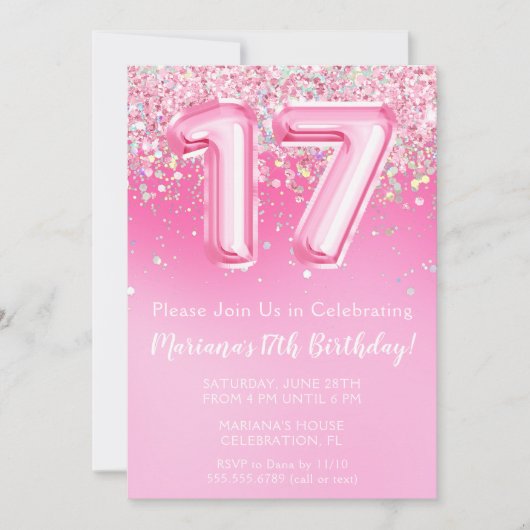 Roze 17e verjaardag uitnodiging Girly Pink Glitter (Voorkant)