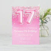 Roze 17e verjaardag uitnodiging Girly Pink Glitter (Staand voorkant)