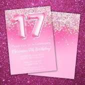 Roze 17e verjaardag uitnodiging Girly Pink Glitter