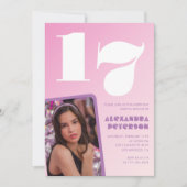Roze 17e verjaardag uitnodigingen Retro Foto (Voorkant)