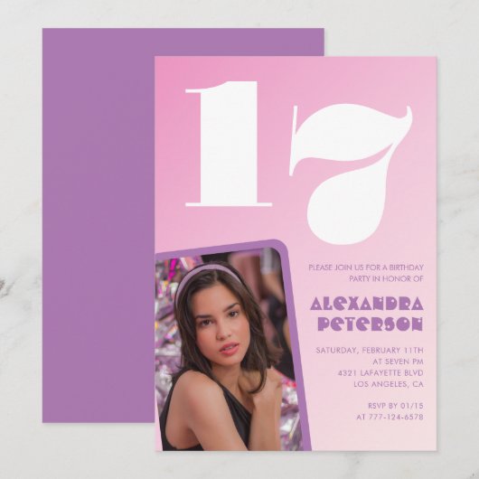 Roze 17e verjaardag uitnodigingen Retro Foto (Voorkant / Achterkant)