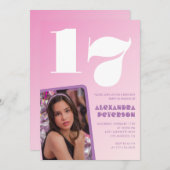 Roze 17e verjaardag uitnodigingen Retro Foto (Voorkant / Achterkant)