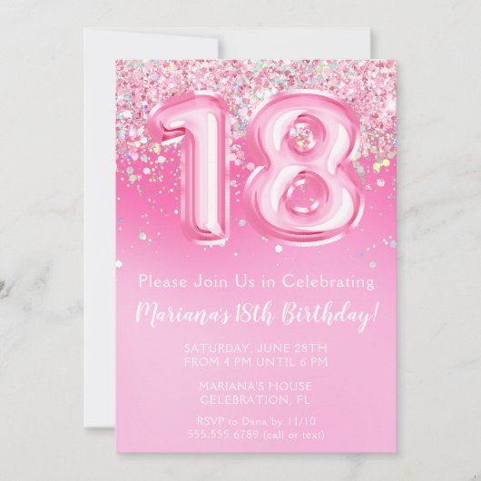 Roze 18e Verjaardag Uitnodiging Girly Pink Glitter (Voorkant)