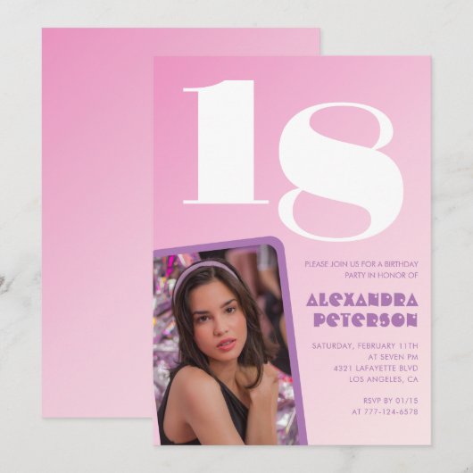 Roze 18e verjaardag uitnodigingen Retro Foto (Voorkant / Achterkant)