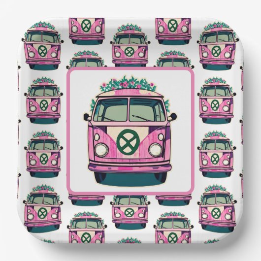 Roze 1970s Hippie Van Retro  Stijl Verjaardag Papieren Bordje (Voorkant)