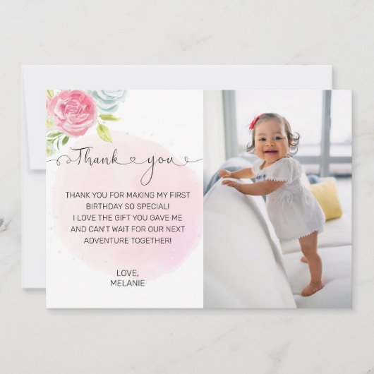 Roze 1 ste verjaardag Foto bedankt (Voorkant)
