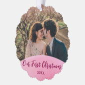 Roze 1e Kerstmis Samen Getrouwd Aangepaste Foto Ornament Kaart (Links)