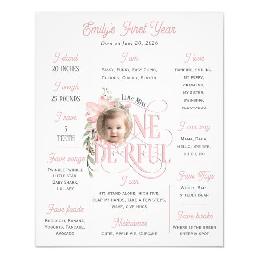 Roze 1e Verjaardag Elegante Onederful foto mijlpaa Foto Afdruk (Voorkant)