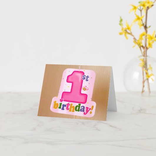 Roze 1e verjaardag Label op deur Kaart (Gele Bloem)