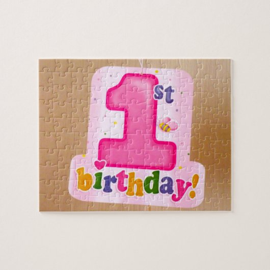 Roze 1e verjaardag Label op deur Legpuzzel (Horizontaal)